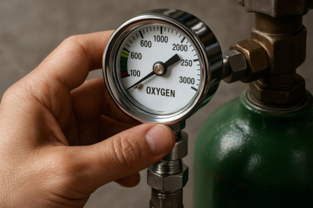 Hand monitoring the pressure gauge on an oxygen tank, indicating levels for medical or industrial use and safetyの素材