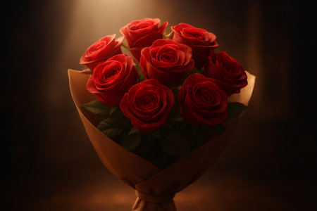 Red roses forming a beautiful bouquet wrapped in kraft paper, conveying sentiments of romance, affection, and celebrationの素材