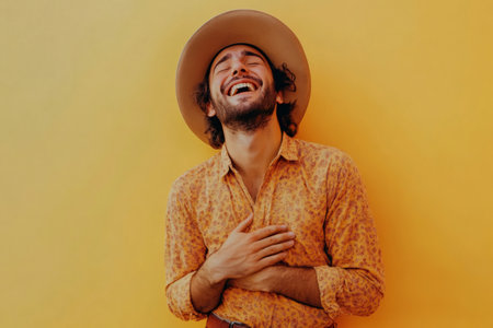 Young happy man laughing sincerely with eyes closed, expressing pure joy and authentic emotion against a yellow backgroundの素材
