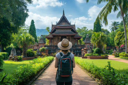 Traveler with backpack and hat admiring historical temple building in tropical park setting, discovering Asian culture and heritageの素材