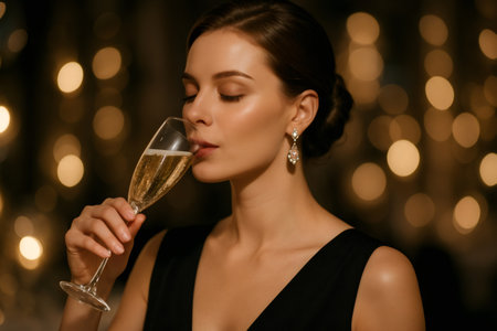 Young elegant woman in black dress enjoying sparkling champagne, celebrating a luxury party against bokeh lightsの素材