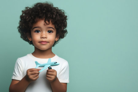 Happy child dreaming of travel and aviation, looking forward to future adventures while playing with a toy planeの素材