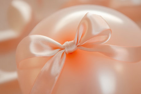 Peach colored party balloon featuring a delicate satin ribbon bow, creating a soft and festive decoration detailの素材