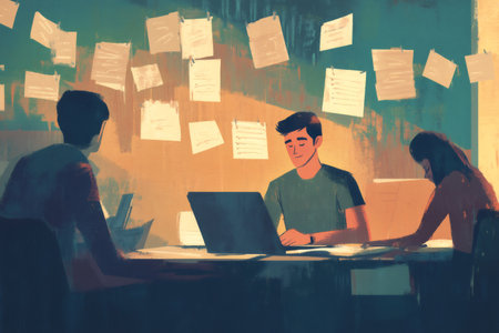 Students working together at a desk, engaging in online education or research with a laptop, surrounded by project notesの素材