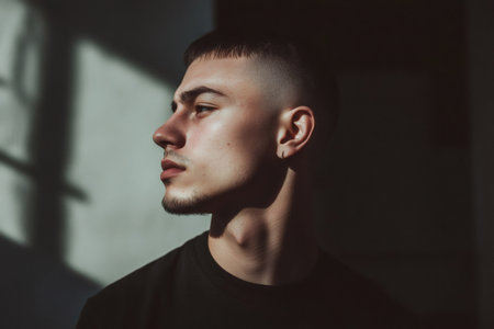 Young man in profile, his face illuminated by strong, directional sunlight creating sharp shadows and high contrast on his skinの素材