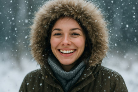 Young woman with parka and scarf smiling broadly, experiencing joy and happiness during a snowy winter day outdoorsの素材