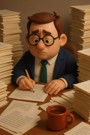 Office worker character feeling overwhelmed by stacks of paperwork and deadlines, illustrating business workload stressの素材