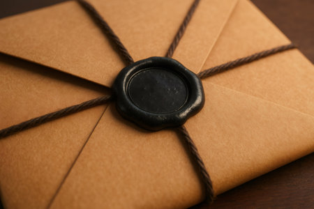 Kraft paper envelope featuring a black wax seal and tied with string, symbolizing special delivery, gift, or important messageの素材