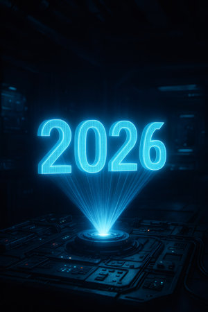 2026 year number digitally projecting as a blue hologram from an advanced technology base, visualizing future innovationの素材