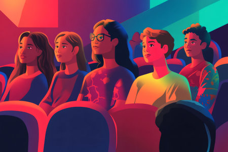 Young diverse friends are watching a movie in a theater, having a social and entertaining experience togetherの素材