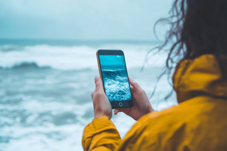 Person wearing yellow jacket holding smartphone, displaying powerful ocean waves on screen with turbulent sea in backgroundの素材
