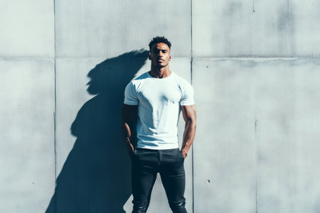 Confident Black man standing, looking directly at the camera, against a concrete wall with a large shadowの素材