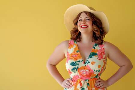 Joyful young woman in a colorful summer dress and straw hat against a vibrant yellow background, smiling broadlyの素材