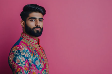 Indian man posing in an embroidered colorful sherwani against a pink background, showing ethnic fashion and cultureの素材