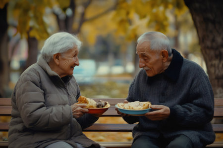 Happy man and senior woman enjoying treats and conversation outdoors, depicting retirement, companionship, and a sweet momentの素材