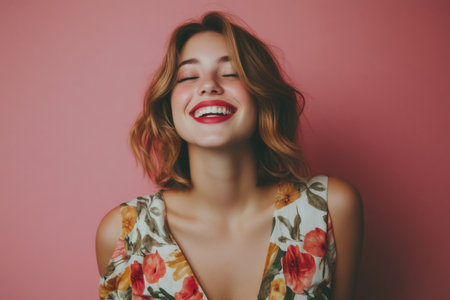 Woman joyfully smiling, feeling happy and positive, wearing a floral dress on a pink background. Expressing natural beautyの素材