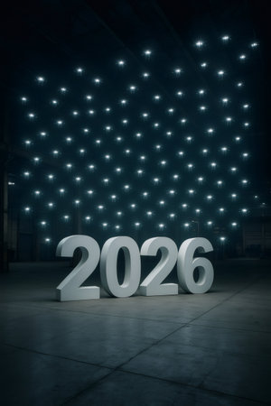 Large 3D numbers displaying 2026 on a concrete floor with numerous glowing drones flying in the dark aboveの素材