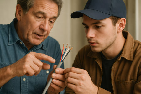 Skilled tradesman showing colored electrical wires to a concentrated young apprentice, providing hands on training and guidanceの素材