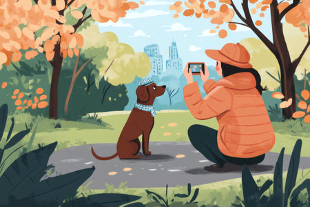 Woman photographing dog wearing a hat and scarf with smartphone, generating social media content in an urban autumn parkの素材