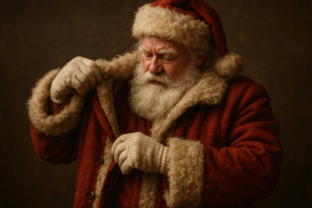Santa Claus wearing his traditional red suit, white beard, and hat, meticulously dressing, preparing for the festive seasonの素材