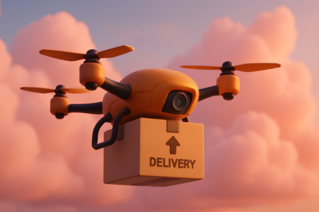 Cartoon drone carrying a package, symbolizing fast future logistics and automated shipping solutions against a colorful cloud backdropの素材