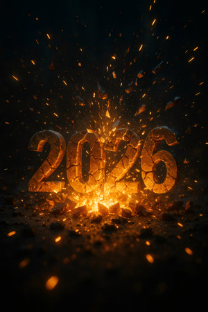 2026 year digits crumbling and exploding into fiery fragments, symbolizing a new future, change, breaking old traditionsの素材