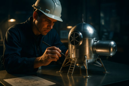 Dedicated engineer wearing hard hat meticulously assembling a detailed metallic model of a future lunar habitatの素材