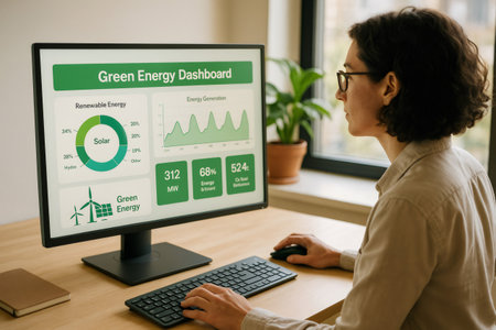 Woman viewing a green energy dashboard displaying solar, hydro, and wind power statistics and CO2 reduction dataの素材