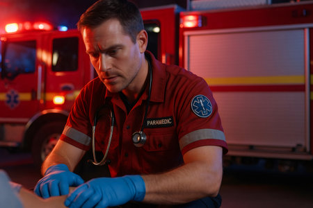 Paramedic wearing blue gloves and a uniform with a stethoscope, providing first aid with an emergency vehicle in backgroundの素材