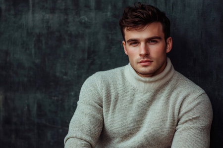 Stylish young man looking at camera, wearing a light colored ribbed turtleneck sweater against a dark textured backgroundの素材