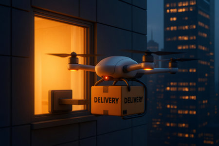 Drone delivering a package to high rise window, automating urban logistics and future delivery services in a smart cityの素材