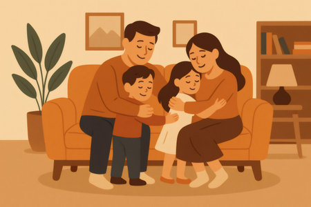 Happy family cuddling on a cozy living room couch, parents and children sharing affectionate bonding, comfort and togethernessの素材