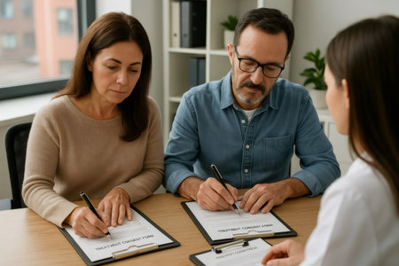 Adult man and woman signing important healthcare documents, making informed decisions with a professionalの素材