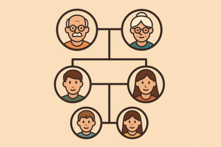 Illustrated family tree connecting grandparents, parents, and children, representing lineage, heritage, and generational relationshipsの素材