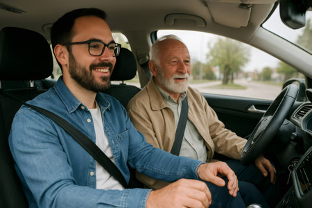 Smiling father and adult son sitting in a car, enjoying conversation and time together during a journeyの素材