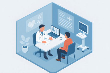 Doctor engaging with a male patient in an isometric representation of a clinic, discussing health through a digital platformの素材