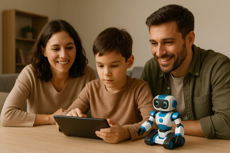 Child using a digital tablet to control a small robot, with parents watching and smiling, promoting STEM educationの素材