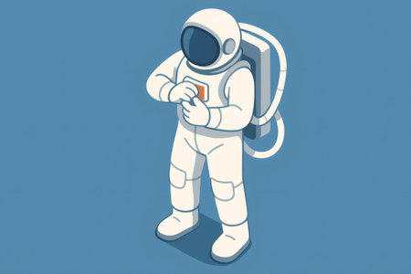 Astronaut in full spacesuit preparing equipment or checking a handheld device before an extravehicular activityの素材