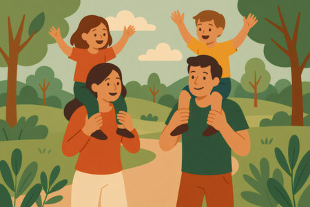Parents carrying children on their shoulders, walking a path through a green park. Showing family bond and outdoor recreationの素材