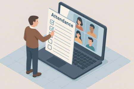 Person using a laptop for an online video call, marking names on a digital attendance sheet for remote work or studyの素材
