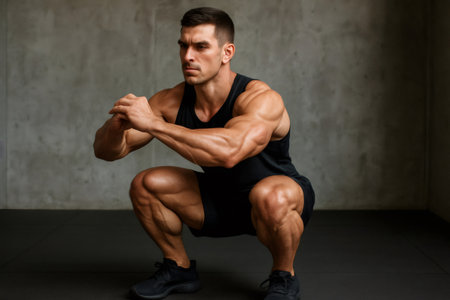 Muscular man squatting, demonstrating strength and proper technique during a workout session in a gymの素材