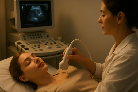 Female doctor performing abdominal ultrasound scan on a young woman, displaying internal organ image on monitor, promoting diagnostic healthの素材
