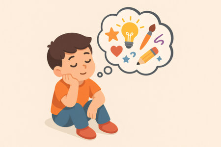 Young boy sitting, eyes closed, resting chin on hand. A thought bubble shows lightbulb, paintbrush, pencil, star, and heartの素材