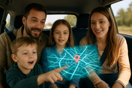 Full family, including dad, mom, son, and daughter, looking at a futuristic navigation system with a holographic map in a carの素材
