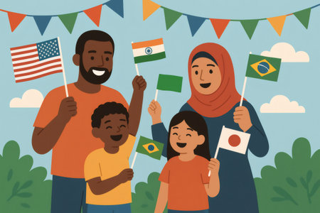 Happy multinational family with kids holding different national flags against a blue sky with buntings, celebrating cultural diversityの素材