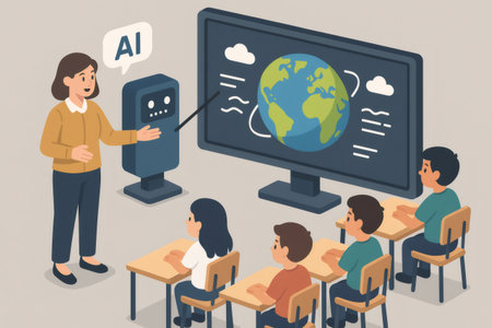 Teacher and AI robot collaborating to educate students in a classroom, presenting earth and weather on a large screenの素材