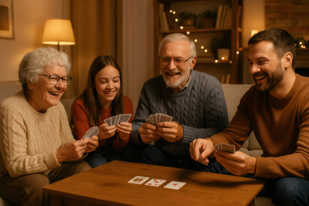 Happy multigenerational family playing a card game together, laughing. Grandparents, father, and daughter spending quality timeの素材
