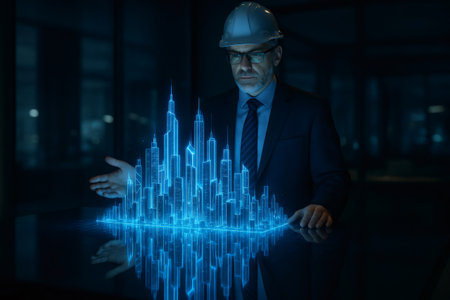 Engineer wearing hard hat and suit interacting with a glowing blue holographic city model, representing urban planning and innovationの素材
