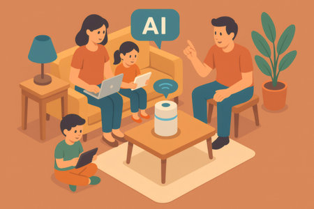 Family members interacting with intelligent AI assistant at home, using wireless devices and digital technologyの素材