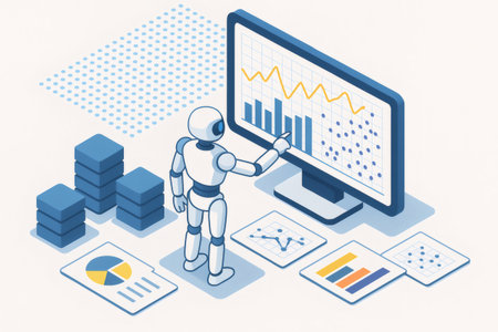 Robot interpreting complex charts and graphs, representing artificial intelligence and big data processing for business analysis and reportingの素材